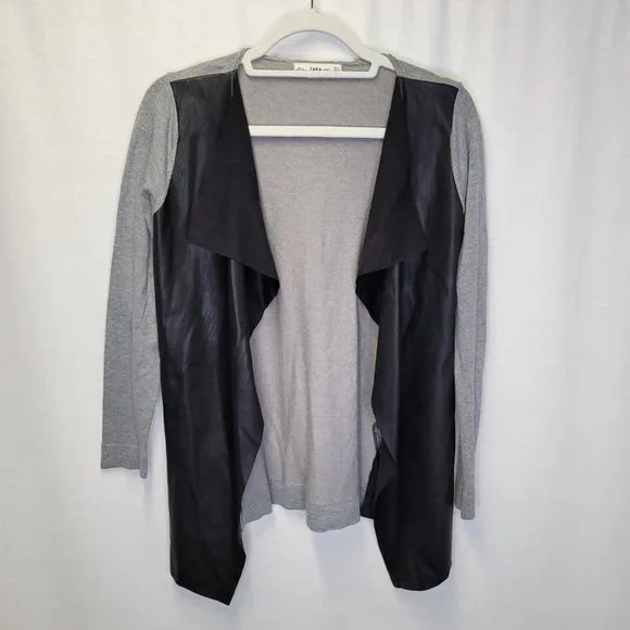 Zara Knit Women's Medium Cardigan Sweater Black Gray Faux Leather - Picture 1 of 5